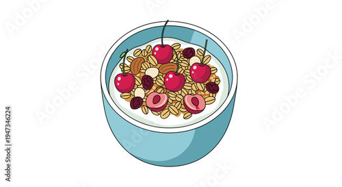 A light blue bowl filled with creamy granola, whole and halved cherries, and various nuts is presented on a white background.
