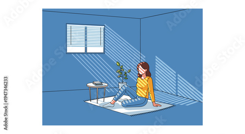 A woman sits cross-legged on a white rug in a blue room, with striped shadows from window blinds falling across her.
