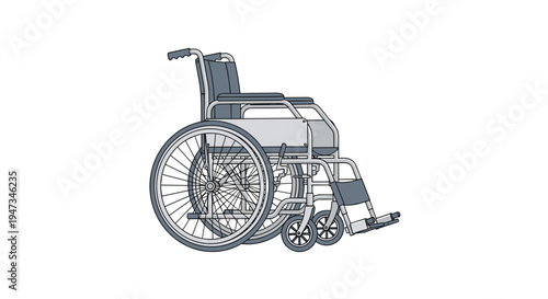 A gray and silver manual wheelchair is depicted in a clear side-angle view on a pristine white background.