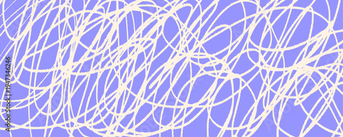 Abstract scribble background with dense cream lines on a lavender backdrop. Chaotic looping strokes create an energetic textured surface for posters, packaging, stationery, banners, and covers.