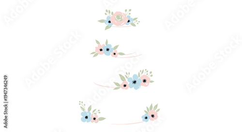 Four delicate floral arrangements with soft pink and blue watercolor-style flowers are vertically arranged on a pristine white background.