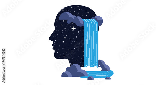 A dark blue human head silhouette in profile, filled with a starry night sky, features a blue waterfall cascading from its top.