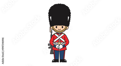 A charming cartoon illustration of a British Royal Guard in a red tunic and bearskin hat stands at attention on a white background.