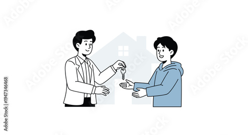 A man in a suit is handing a set of keys to another man in a hoodie, with a subtle house outline in the background.