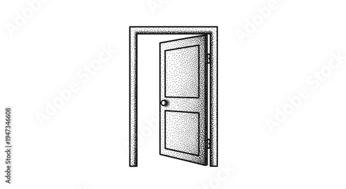 A stylized open door with a unique stippled texture and a circular doorknob is outlined in black on a white background.