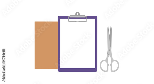A purple clipboard with a white paper and a brown sheet is positioned next to silver scissors on a clean white background.