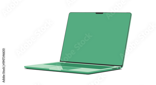 A sleek open laptop in a distinctive mint green color with a matching screen and dark notch is presented in a minimalist isometric perspective.