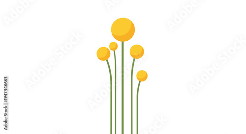 Five stylized flowers with bright yellow spherical blossoms atop slender green stems are arranged in an upward-reaching cluster against a pristine white background.