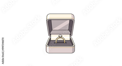 An open light beige ring box displays a golden engagement ring with a sparkling diamond solitaire nestled within its dark gray velvet interior.