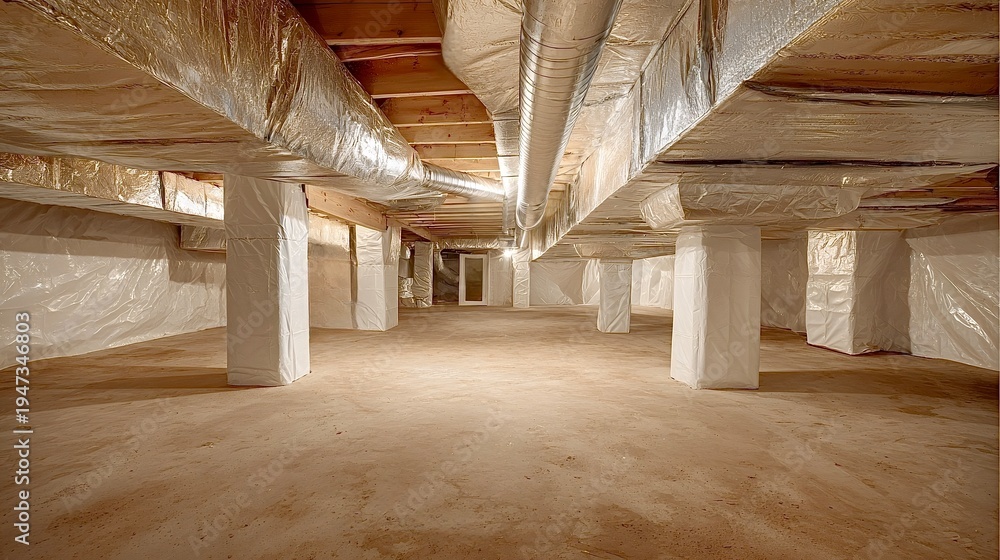 Fototapeta premium Crawl space encapsulation with vapor barrier and insulation