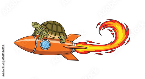 A cartoon green turtle with a brown shell rides an orange rocket emitting a fiery plume on a white background.