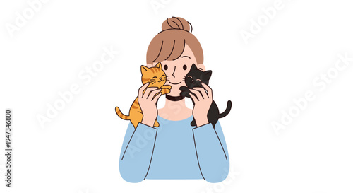 A smiling woman with a bun holds an orange tabby kitten and a black kitten close to her face on a clean white background.