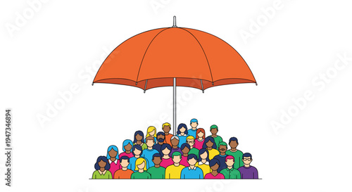 A large orange umbrella with a grey pole stands over a diverse crowd of cartoon-style people on a plain white background.