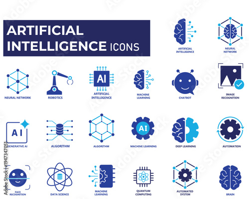 Artificial intelligence icons with brain, neural network, chip, machine learning, innovation, automation symbols.