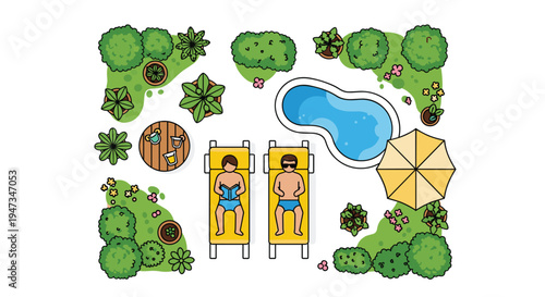 Two men relax on yellow sun loungers beside a blue swimming pool in a vibrant green garden with various plants and a yellow umbrella.