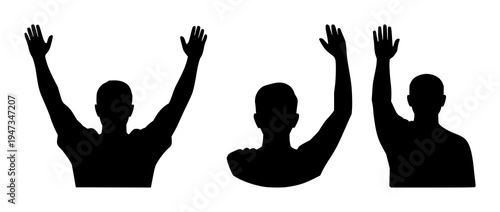Person set with minimalist black silhouette icon featuring raised arm, greeting gesture, line art with flat design and high contrast