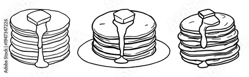 Pancakes set with doodle style illustration of a stack of pancakes and a melting butter cube featuring breakfast, food, illustration with white background and simple lines