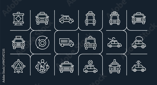 Transportation icons set on dark background