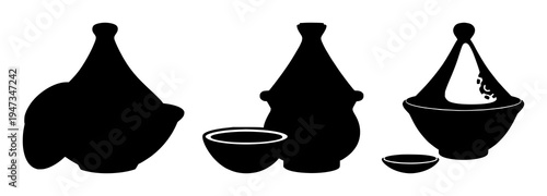 Tagine pot set with solid black silhouette showing bold smooth curves featuring North African heritage, culinary icon, black line art with simple illustration and monochrome