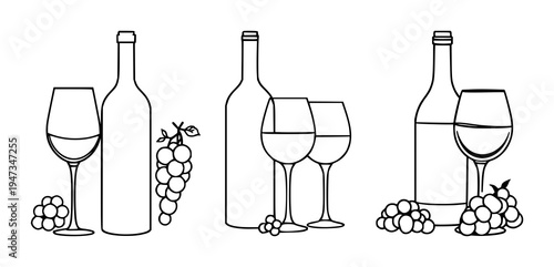 Wine bottle and glass set with single continuous thin line art design featuring stemware, grapes, still life with monochrome tones and elegant style
