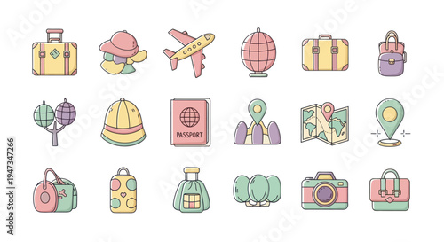 Travel icons luggage plane globe map