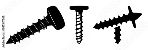 Wood screw set with sharp black silhouette featuring a flat head, distinct spiral threading with flat graphic design and industrial aesthetic