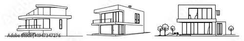 Modern house set with continuous line art drawing style featuring architecture, building, model with vector illustration and white background