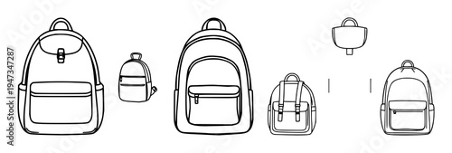 Backpacks set with various school bag icons featuring travel bags, rucksacks, luggage with different styles and designs