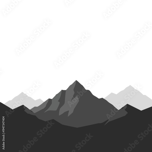 Minimalist grayscale mountain range with sharp peaks against a white sky