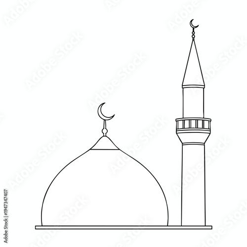 Minimalist outline of a dome and minaret with crescent moons