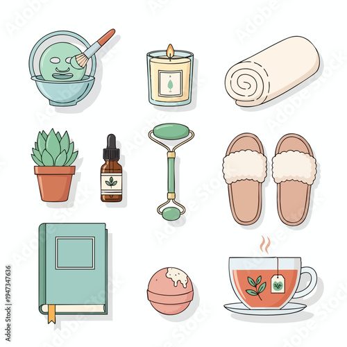 A collection of self-care items including a face mask, candle, roller, slippers, and tea