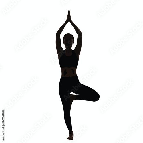Silhouette of a person in Vrksasana, yoga tree pose, on white