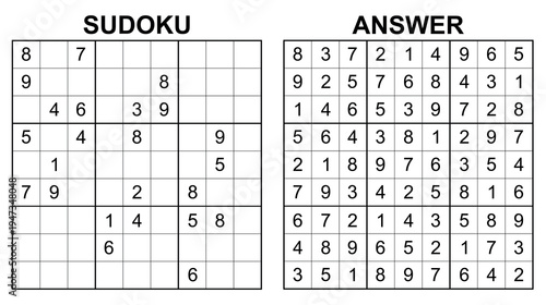 Vector sudoku with answer 61. Educational game with numbers for kids and leisure for adult on white background.	