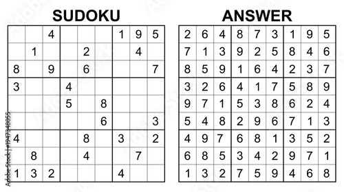 Vector sudoku with answer 57. Educational game with numbers for kids and leisure for adult on white background.	