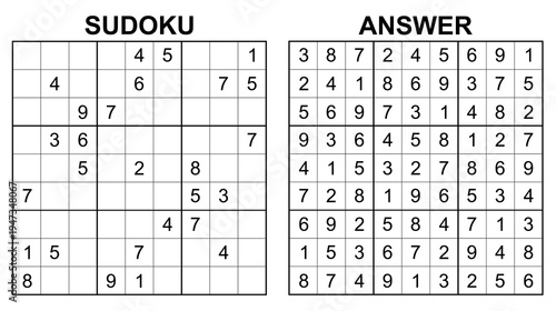 Vector sudoku with answer 58. Educational game with numbers for kids and leisure for adult on white background.	