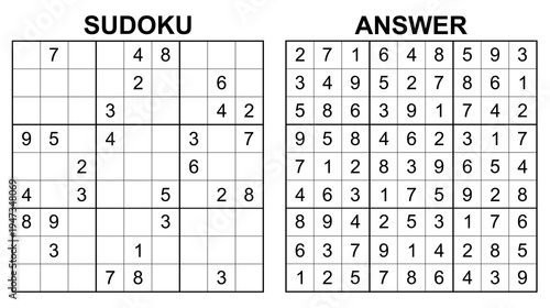 Vector sudoku with answer 59. Educational game with numbers for kids and leisure for adult on white background.	