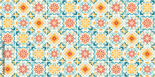 Seamless Mexican tiles pattern with green, orange, and yellow floral diamond motifs in a Talavera style. Bright geometric repeating background for wallpaper, fabric, wrapping paper, and decor.