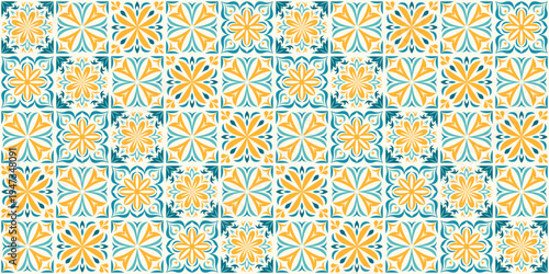 Seamless Mexican tiles pattern with orange, green, and yellow floral geometric motifs. Talavera inspired repeating background for wallpaper, fabric, wrapping paper, textiles, kitchen decor, prints.