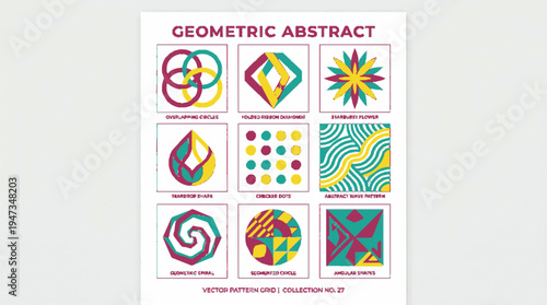 Colorful geometric vector poster grid featuring vibrant abstract shapes in bold colorful designs for artistic creativity