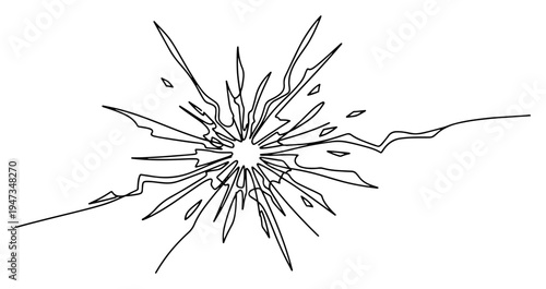 Explosion starburst continuous line art drawing. Abstract shattering impact or broken glass effect minimalist vector.