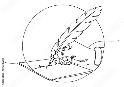 Hand writing love letter with feather quill continuous line art. Minimalist romantic calligraphy "I love you" vector illustration.