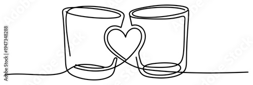 Two glasses with heart continuous line art. Minimalist romantic toast or drink for couple vector illustration.