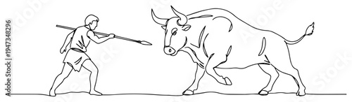 Man with spear facing bull continuous line art. Ancient hunter or warrior vs bull minimalist vector illustration.