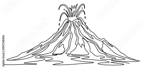 Erupting volcano with lava flow continuous line art. Minimalist natural disaster or geological activity mountain vector illustration.