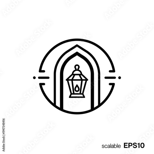 A minimalist black and white line art logo featuring a traditional Islamic lantern inside an arched doorway, enclosed within a circular frame with decorative elements.