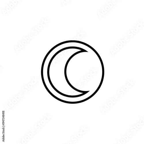 A minimalist black and white line drawing of a crescent moon inside a circle, representing celestial bodies and astronomical concepts.