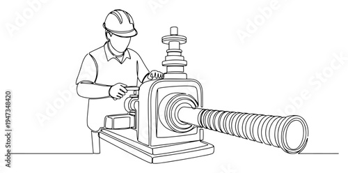 Industrial worker engineer operating machinery continuous line art. Manufacturing process or factory technician minimalist vector.