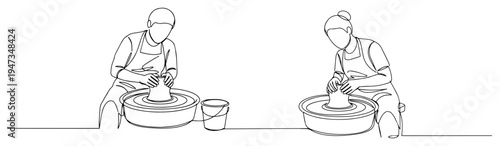Potters working on pottery wheel continuous line art. Minimalist ceramics workshop craft and hobby vector illustration.