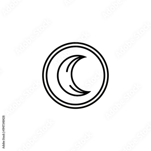 A simple, minimalist black and white line art icon depicting a crescent moon inside a double-lined circle.