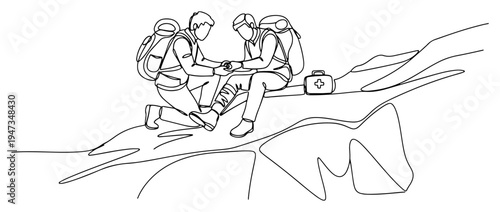 Mountain rescue and first aid hikers continuous line art. Minimalist mountain climbers helping injured friend vector illustration.